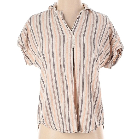 Thread & Supply Linen Retro Striped Shirt, size small, Mocha/beige/pastel orange - Picture 1 of 13